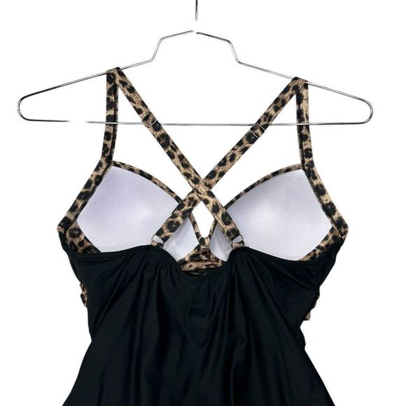 Women's Size Medium Black & Leopard Print One Piece Swimsuit - Picture 5 of 8